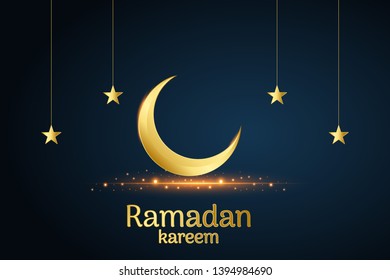 Golden Islamic moon and stars, ramadan kareem written with black background, vector, illustration, eps file