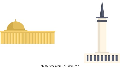 Golden islamic mosque building with one tall minaret and domes illustration vector