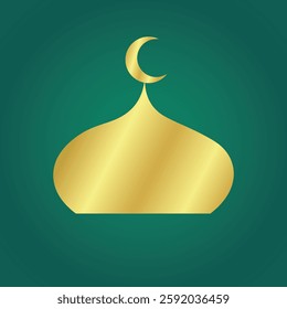 Golden Islamic Mosque Dome with Crescent Moon on Green Ramadan Background
