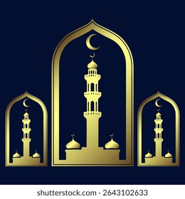 Golden Islamic Mosque Ramadan Kareem Silhouette with Crescent Moon on Dark Blue Background