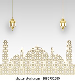 Golden Islamic Pattern Mosque With Hanging Lanterns On Grey Background.