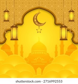 Fondo de Ramadán islámico dorado con silueta de mezquita, luna creciente y linternas colgantes. Elegante diseño de Eid Mubarak para tarjetas de felicitación, Anuncios, carteles y promociones festivas de vacaciones musulmanas.