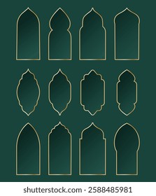 Golden islamic window frame, arches designs. Gradient with gold outlines. Vector illustration.