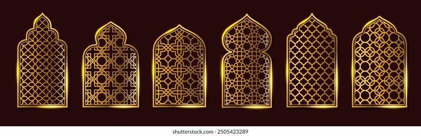 Golden Islamic window frames. Luxury gold arch with Arabic geometric ornament mashrabiya pattern, mosque oriental windows and vintage muslim gate badge background vector set.