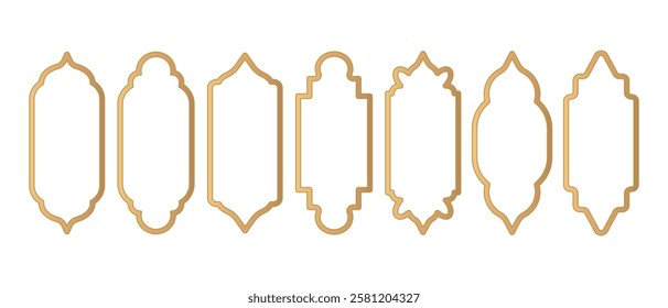 Golden Islamic Window Shape. Arabic Golden Arch, Ramadan Kareem Frames. Moroccan Border Silhouette. Eid Mubarak Oriental Mirror Set. Arabic Elements