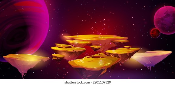 Golden island flying in space cartoon illustration. Yellow pieces of land floating, sparkling in darkness surrounded by stars and planets. Fantasy background, level platforms for game. Vector design