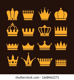 Golden isolated crown on black background set. Vector flat graphic design illustration