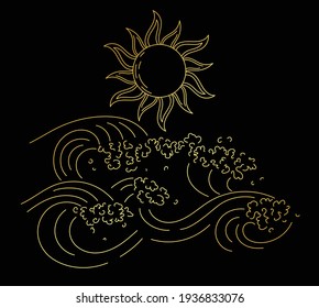 Golden isolated linart of sea waves with splashes and sun. Tarot card style illustration