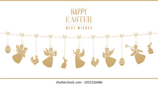 Golden isolated silhouettes of angels with ornamental wings, hens, rabbits and Easter eggs. Best wishes, happy Easter calligraphy text. Horizontal white Easter card with garland.