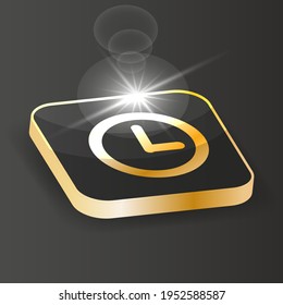Icono de reloj isométrico dorado. Botón de símbolo de tiempo en un fondo negro.  3.ᵉʳ Vector