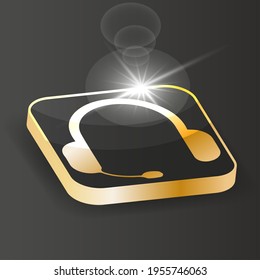 Golden Isometric headphones icon. Customer service or customer support headset  on a black background. 3d Vector