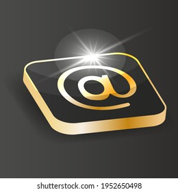 Golden Isometric Mail Icon. E-Mail  Sign button on a black background. 3d Vector