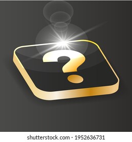 Golden Isometric Question icon. Ask Question symbol button on a black background. 3d Vector