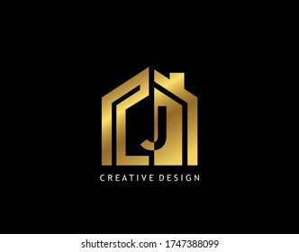 Golden J Letter Logo. Minimalist gold house shape with negative J letter, Real Estate Building Icon Design.