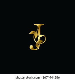 Golden J Letter  Minimalist Luxury Initial Nature Tropical Leaf logo Icon  vector design.