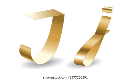 Golden J Letters in Ribbon with Shadows. Vector Alphabet Signs Isolated on White Background