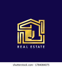 Golden J Line House Logo Template Design for Building Real Estate Business Identity Logo Icon.