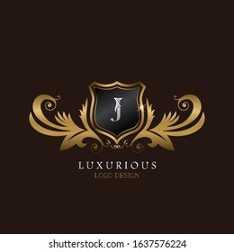 Golden J Logo Luxurious Shield, creative vector design concept for luxury business indentity.