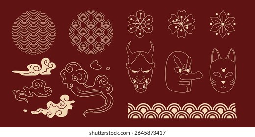 Elementos dourados da Ásia do Japão em padrões vermelhos de ondas gigantes, espirais de nuvens, máscaras de demônio, flores de cereja e motivos tradicionais para o design oriental. Conjunto de arte de linha de escamas seigaiha, flores sakura, rostos oni