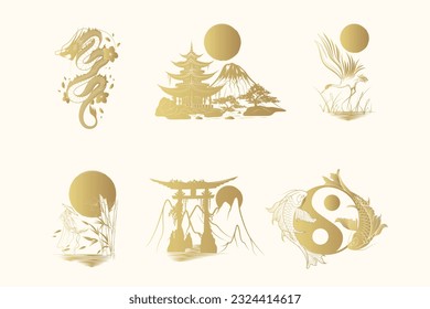 Golden Japanese art collection. Set of six design elements for t-shirt, print and stickers. Hand drawn vector illustrations isolated on white background.