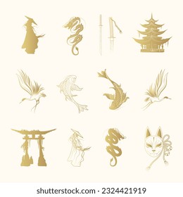 Golden japanese art collection. Set of 12 design elements for t-shirt, print and stickers. Hand drawn vector illustration isolated on white background.