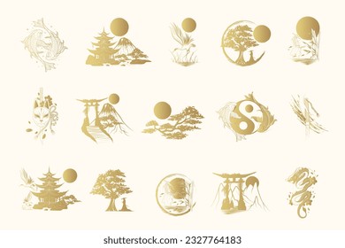 Golden japanese art collection. Set of 15 design elements for t-shirt, print and stickers. Hand drawn vector illustrations isolated on white background