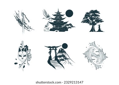 Golden Japanese art collection. Set of six design elements for t-shirt, tattoo, print and stickers. Hand drawn vector illustrations isolated on white background.