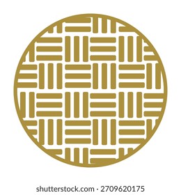 Golden japanese circular pattern with intricate woven textures and geometric motifs, minimalist oriental ornament evoking tradition, harmony and luxury for decorative use