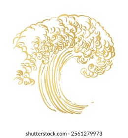 Golden Japanese line drawing illustration of splashing sea. Dynamic Japanese wave of ink brush. Blurred hair brush. Curved line design