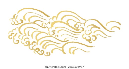 Golden Japanese line drawing illustration of hair brush. Ink brush waves in horizontal design. Concept of ocean, swirl and splash. Blurred curves