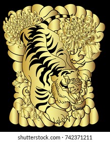 Golden Japanese tiger with flower vector illustration for tattoo style.Tiger and Chrysanthemum flower with cherry blossom on could background.Traditional Japanese culture for printing and coloring