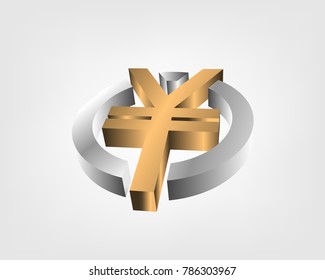 Golden Japanese yen symbol in silver circle , isolated object on light gray background , Japanese  currency symbol, PY vector PS 10 .