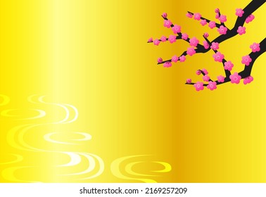A golden Japanese-style background with red plums and the surface of the water. Horizontal type. Vector illustration.