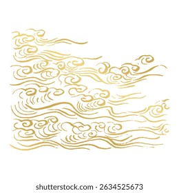 Golden Japanese-style line art vector illustration. Rough waves drawn with ink brush. Concept of the sea, rivers, and water spray
