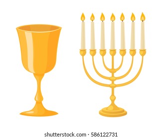 Golden jew menorah with candles hebrew religion tradition decoration flame and candelabrum hanukkah orthodox judaism holiday cup vector illustration.