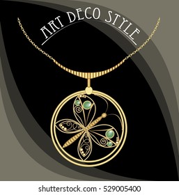 Golden jewel with butterfly, green gems. Necklace in art deco style. Circle pendant on filigree golden chain.