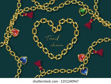 Golden jewel chains seamless pattern and heart. Fashion gold chain. Fabric design with Jewelry Chain for textile.  eps 10. Vector illustration Wallpaper. 