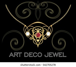 Golden jewel with red gem and pearls. Necklace in art deco style. Filigree circle pendant on fine golden chain.