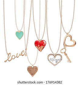 Golden Jewelry Chain With Heart Pendants.