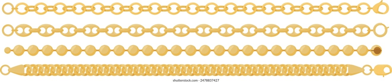 Golden jewelry chains patterns different designs. Luxury fashion accessories gold links variety. Jewelry bracelets golden chain design isolated white background