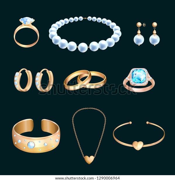 金色の宝石と宝石 ベクター漫画イラスト 真珠のネックレス イヤリング 結婚指輪のセット 高級ギフトは エレメントをデザインします のベクター画像素材 ロイヤリティフリー