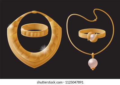 Golden jewelry pieces made of gold, necklaces chains and ring, carcanet bracelet collection, elegant set for women accessories vector illustration items