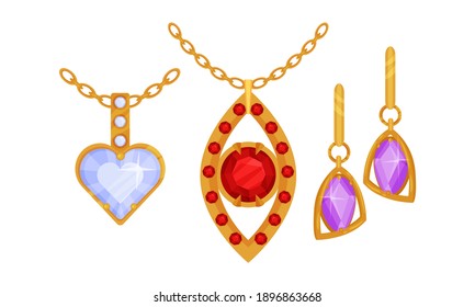 Golden Jewelry with Precious Gems Incrusted in It Vector Set