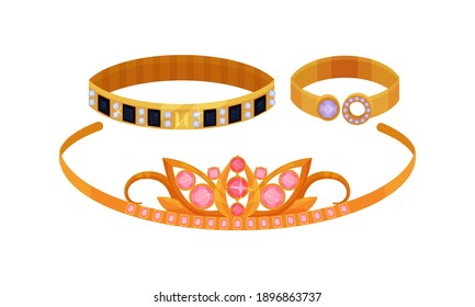 Golden Jewelry with Precious Gems Incrusted in It Vector Set