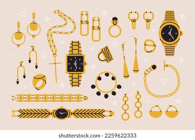 Golden jewelry set. Cartoon gold ring earrings wrist watch chain, flat elegant expensive accessories. Vector collection