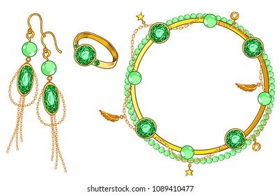 Golden Jewelry Set with emerald stones, earrings, ring, bracelet, vector illustration