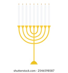 Golden Jewish Hanukkah menorah candlestick. Traditional holiday candle holder isolated on white background. Vector