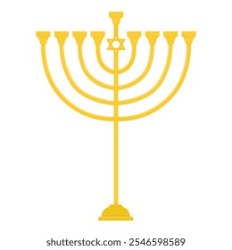 Golden Jewish Hanukkah menorah candlestick. Traditional holiday candle holder isolated on white background. Vector