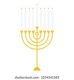 Golden Jewish Hanukkah menorah candlestick. Traditional holiday candle holder isolated on white background. Vector