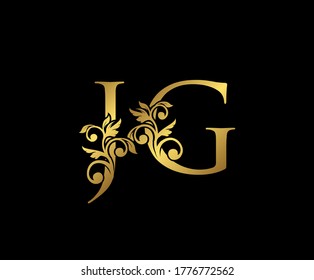 Golden JG, J and G Luxury Logo Icon, Vintage Gold  Initials Mark Design. Elegant luxury gold color on black background